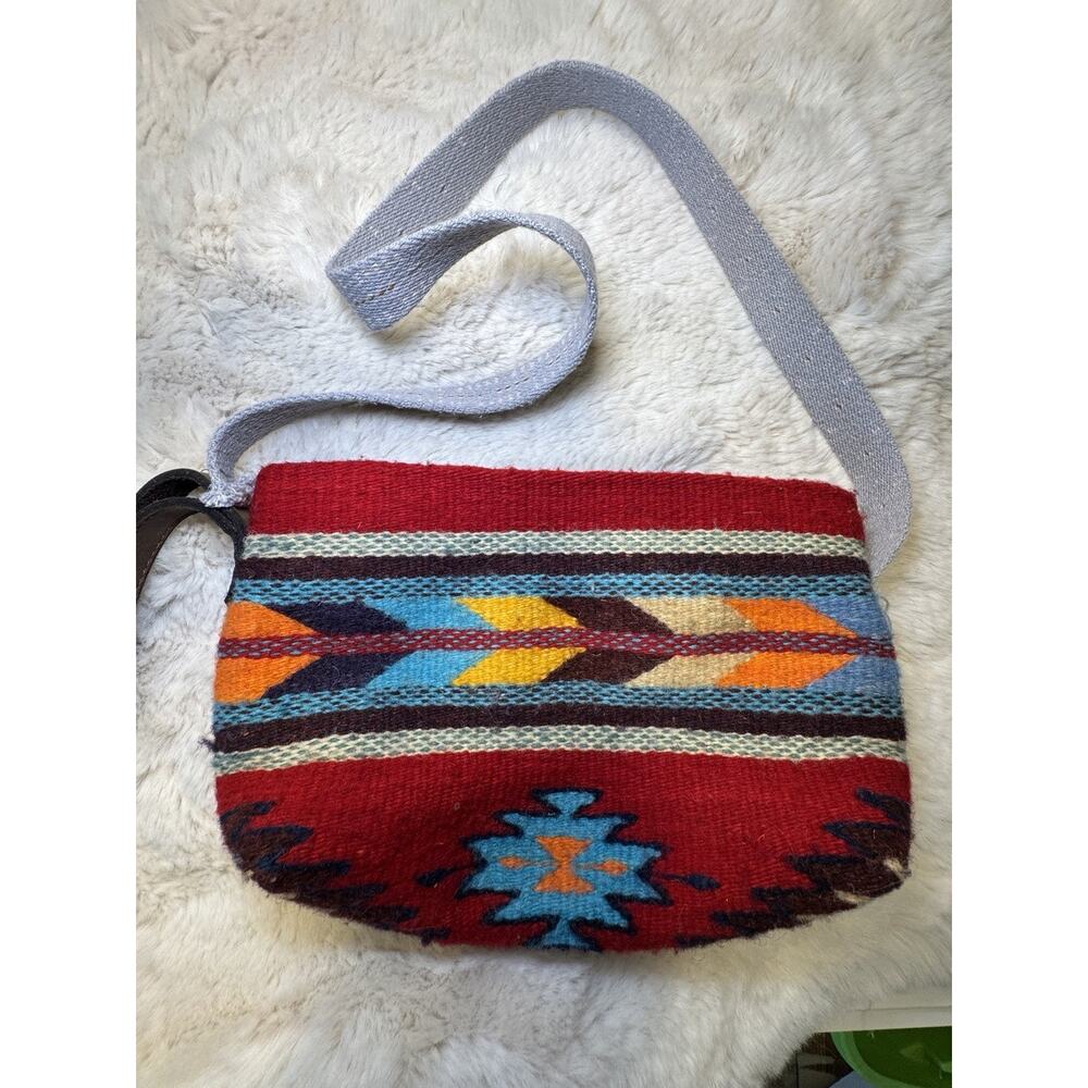 Custom quality Southwest Aztec Pattern Wool and Leather Purse Bag Large handmade - Picture 2 of 16